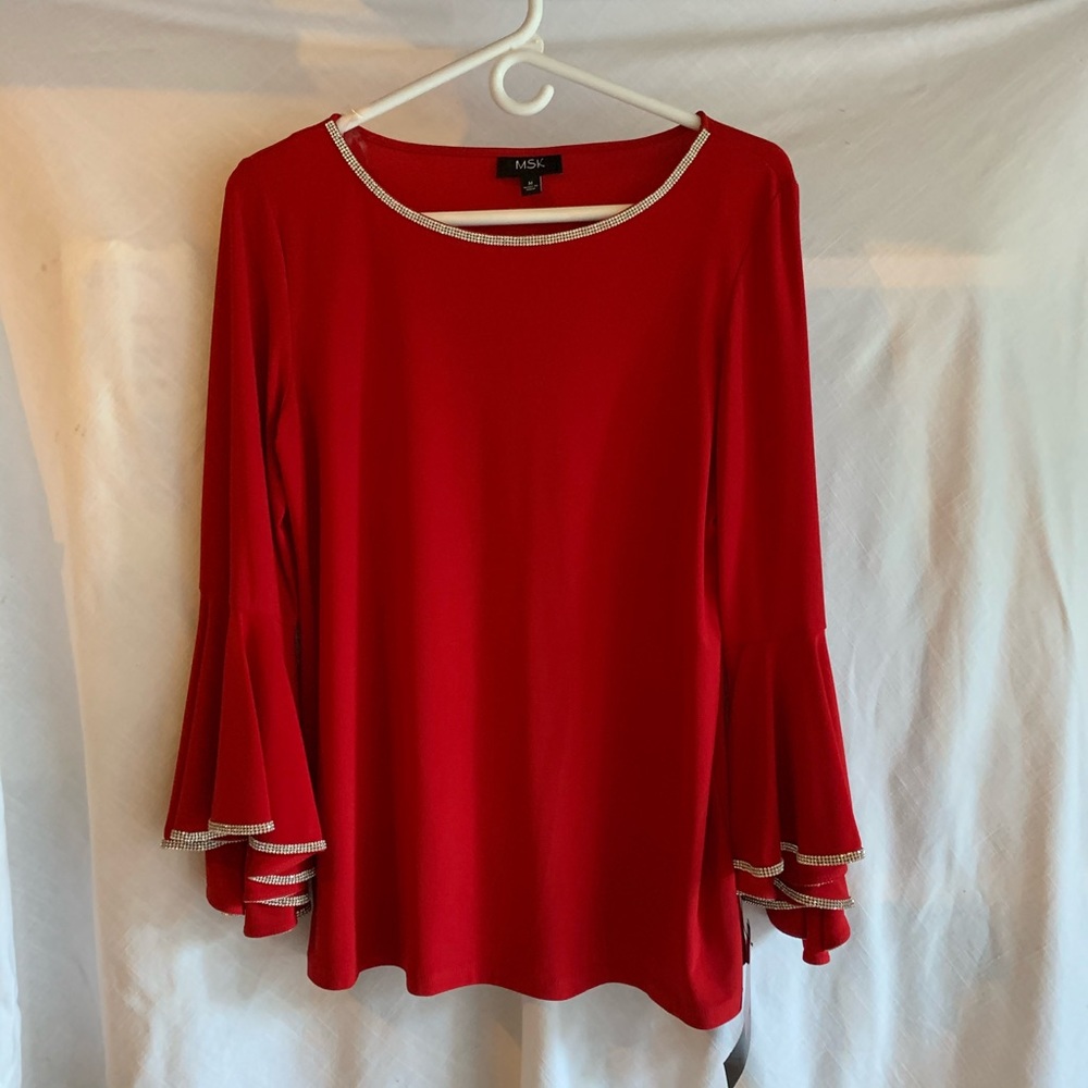 Stunning red blouse with sequin trim size M